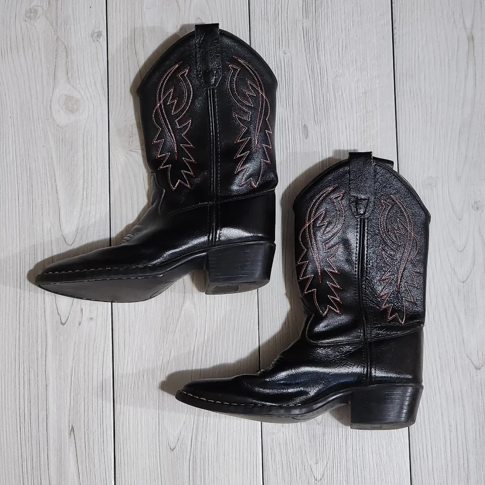 Black Western Cowboy Boots with Red Stitching Kids Size 3